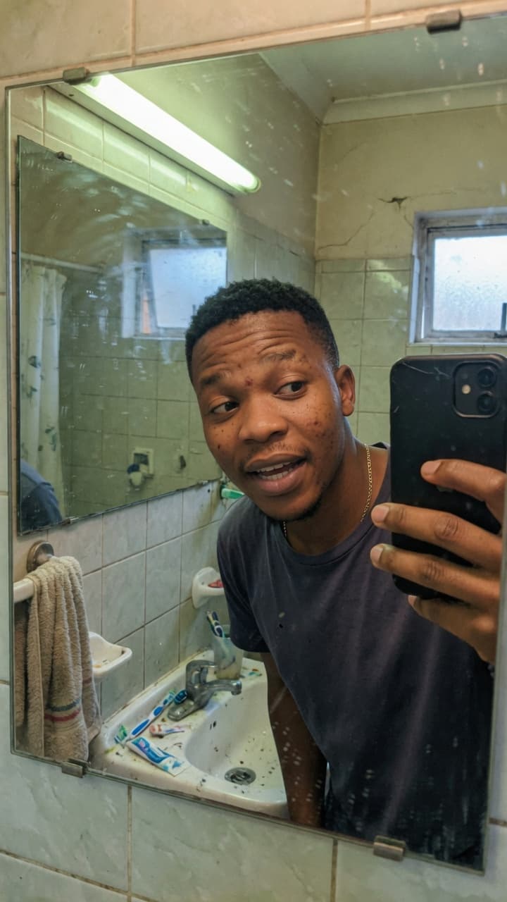 Illustrative style frame, bathroom-mirror talking-head